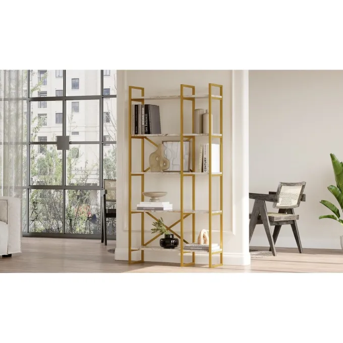 Dodoma Plus (87,5 x 175 x 30 cm) Vit marmor guld Bokhylla