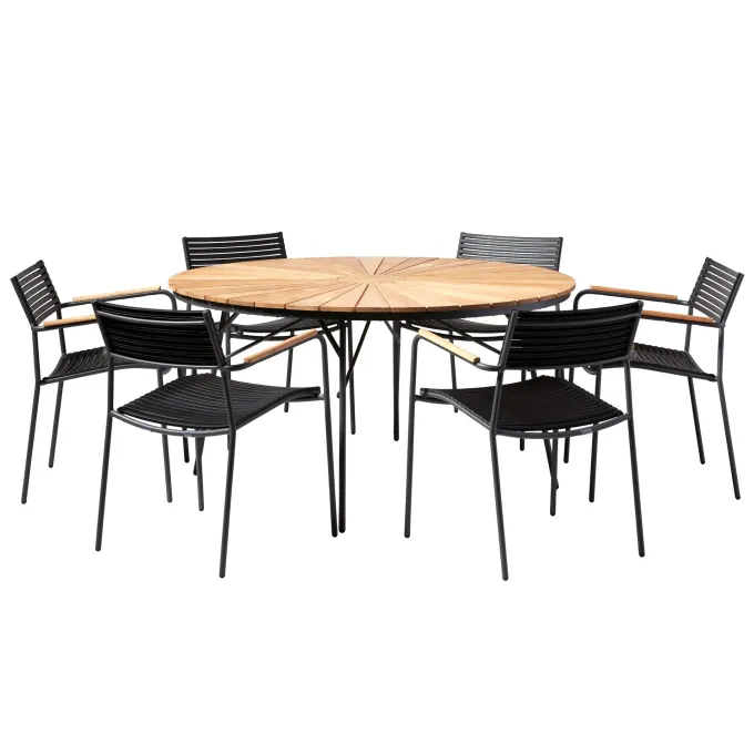 Ellen och Mood Air Trädgårdsmöbelset i Teak och Aluminium Antracit 150 cm + 6 stolar Antracit