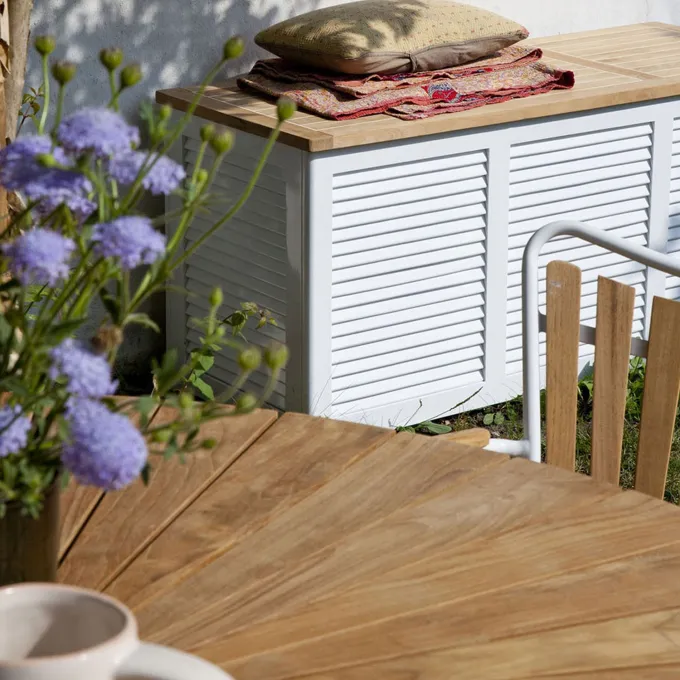 Ellen Trädgårdsmöbelset i Teak och Aluminium 150 cm + 6 stolar, Vit