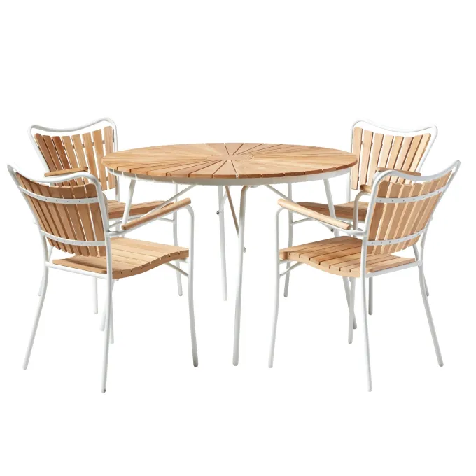 Ellen Trädgårdsmöbelset i Teak och Aluminium 110 cm + 4 stolar, Vit