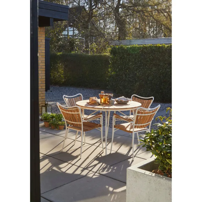 Ellen Trädgårdsmöbelset i Teak och Aluminium 110 cm + 4 stolar, Vit