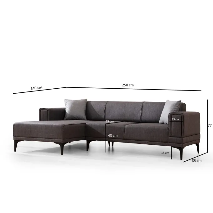 Hanoi (250-140 x 85 x 77 cm) Hörnsoffa-bäddsoffa Mörkgrå, Vänster