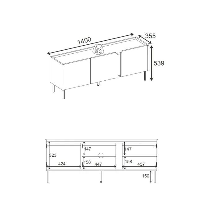 Lucile (140 x 53,9 x 35,5 cm) TV-bänk Antracit Natur ek Svart