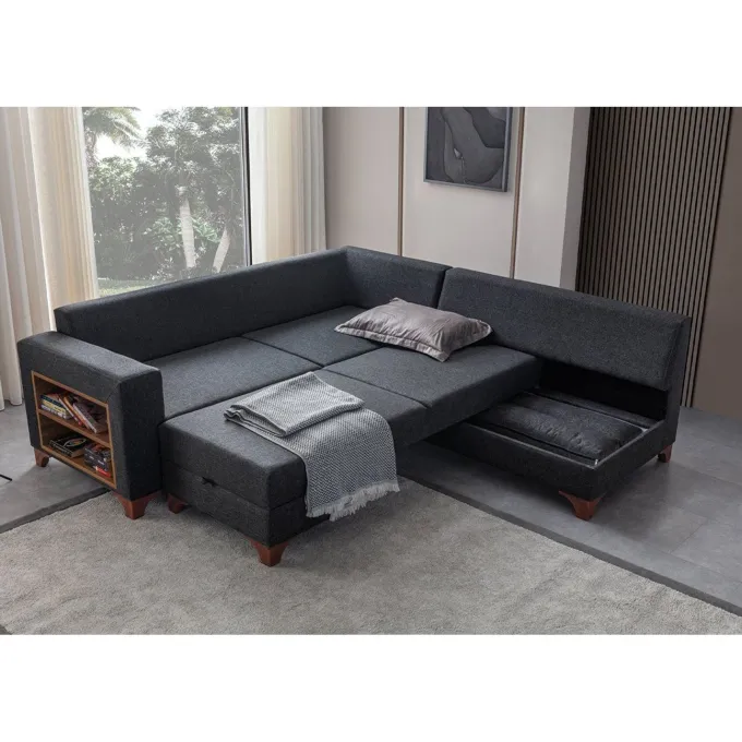 Porto (230 x 90 x 150 cm) Hörnsoffa-bäddsoffa Antracit, Vänster