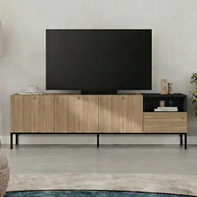 Salvador 180 (180 x 55 x 41,8 cm) TV-bänk Naturlig ekträ svart sandsten