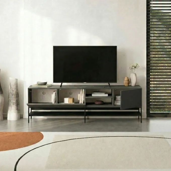 Tallinn (180 x 55 x 35 cm) TV-bänk Antracit trä svart svart