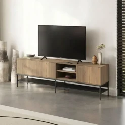 Tallinn (180 x 55 x 35 cm) TV-bänk Naturlig ekträ svart svart