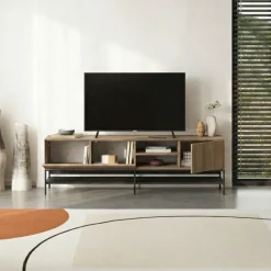 Tallinn (180 x 55 x 35 cm) TV-bänk Naturlig ekträ svart svart